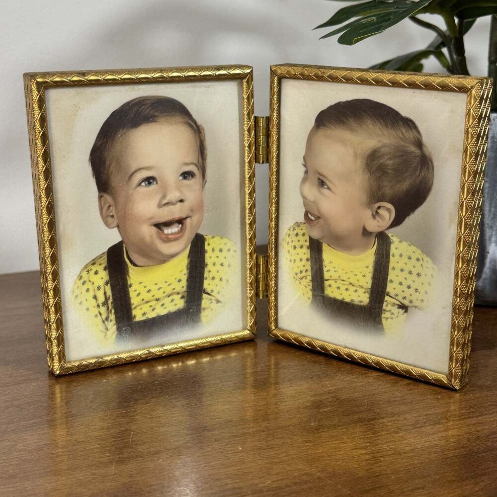 Vintage Gold Tone Hinged Double Photo Frame Ornate Convex Bubble Glass